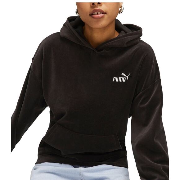 PUMA Essentials Elevated Velour Hoodie Black Women’s Size L— Cozy Lounge Staple - Picture 1 of 7